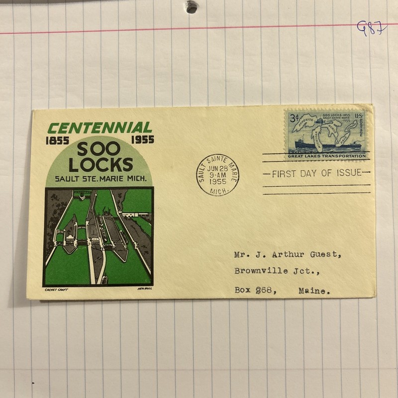 US FDC #1069 Cachet Craft / Boll M-6 1955 Sault Sainte MI Soo Locks Unofficial