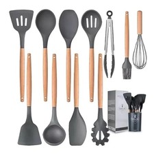 12-Pcs Kitchen Silicone Utensil Set w/ Wooden Handle & Plastic Holder Black NiB