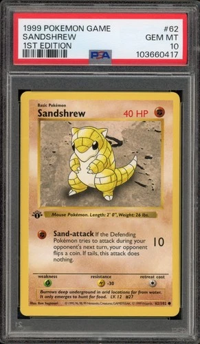 Pokemon Sandshrew Base Set Shadowless 1st Edition #62 PSA 10 Gem Mint