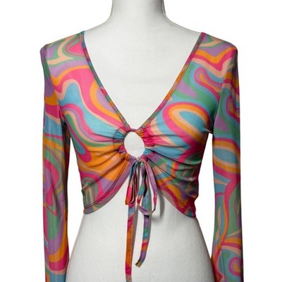 SHEIN Psychedelic Swirl Mesh O-Ring Tie Front Crop Top Size 6 Multicolor