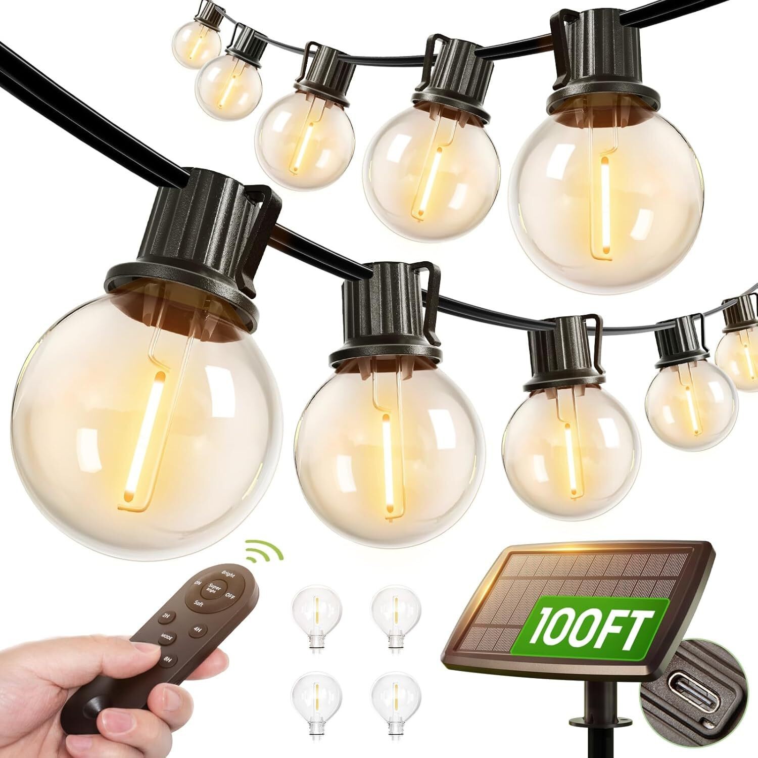 100FT Solar String Lights Outdoor with Remote, 54 LED Shatterproof Bulbs, Dimmab