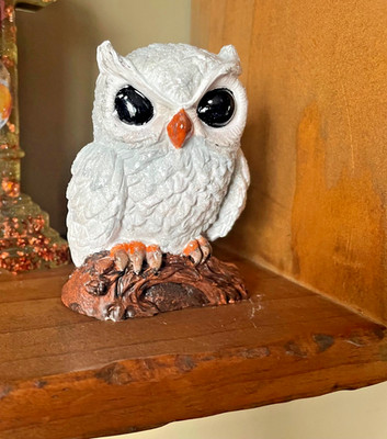 Hand-Painted White Owl   Eco Resin Woodland Decor   Gothic Cute Creature