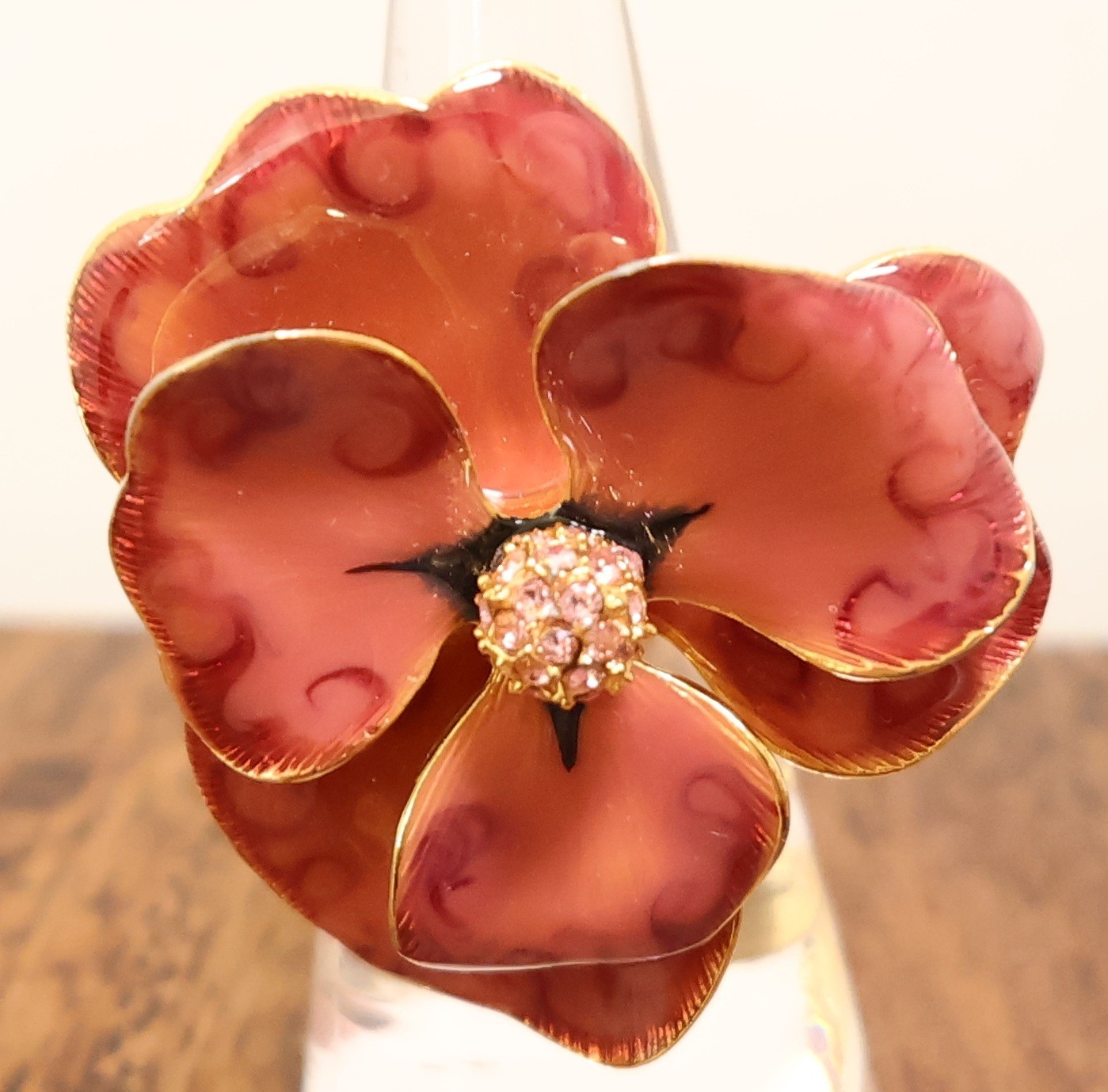 Kenneth Jay Lane ring Gold Blush enamel flower pink crystals goldtone adjustable