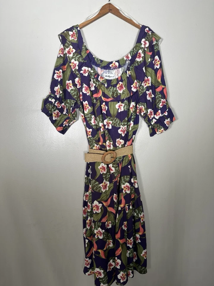 Vintage Tori Richard Dress Purple M Floral Hawaiian Midi Maxi Ruffles MuuMuu - Image 4 of 4