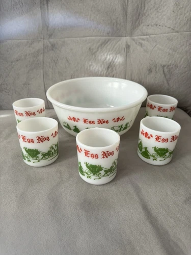 6 Pc Vintage Hazel Atlas Milk Glass Christmas Egg Nog Bowl and 5 Mugs