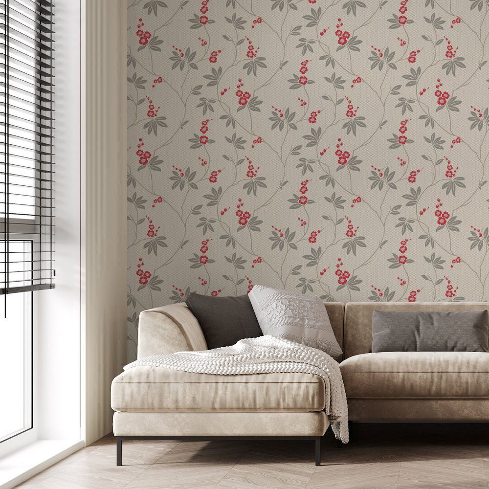 Belgravia Decor Amelie Blossom Beige Red Wallpaper 3022 Trail Leaf