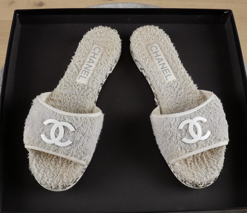 CHANEL CC Logo Gray Terry Cloth Sandals Slides Size 36C