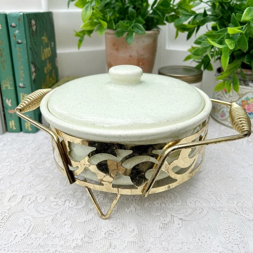 Bauer Light Green Spatter MCM California Pottery Covered Casserole Brass Stand