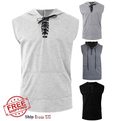 Men's Sleeveless Hoodie Hooded Workout Gym Training Running Sport Vest Tank Top