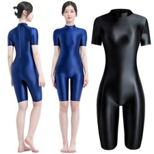 Women Shiny Glossy Jumpsuit Short Sleeve Back Zipper Tights Sports Yoga Bodysuit