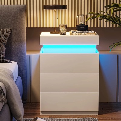Nachttisch RGB LED Beistellkommode mit 2/3 Schubladen Nachtschrank-Weiß NEW