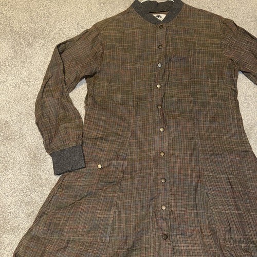 Flachs Kleid Tunika Skater Style Front Druckknöpfe winzig braun kariert Bündchen Gr. Petite Vintage - Bild 3 von 14
