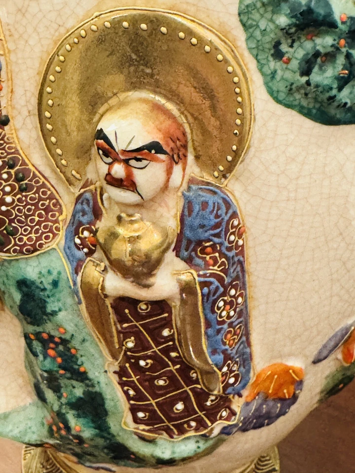Jarrón Satsuma japonés FIGURAL levantado samurai pintado a mano RARO 12,5" X 8" Foto 4 de 4
