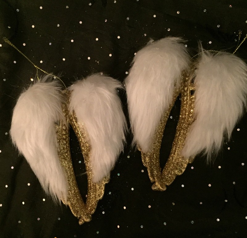 Gold Glitter Angel Wings with Faux fur Christmas Holiday Ornament set of 2