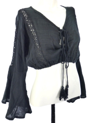 Crop Top Bluse schwarz Schnürung Bohemian Glockenärmel Ibiza Blume Gr UK 10