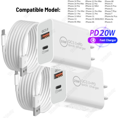 For iPhone 14 13 12 11 X 8 7 6 USB Charger Cord 20W Fast Power Adapter Block Lot