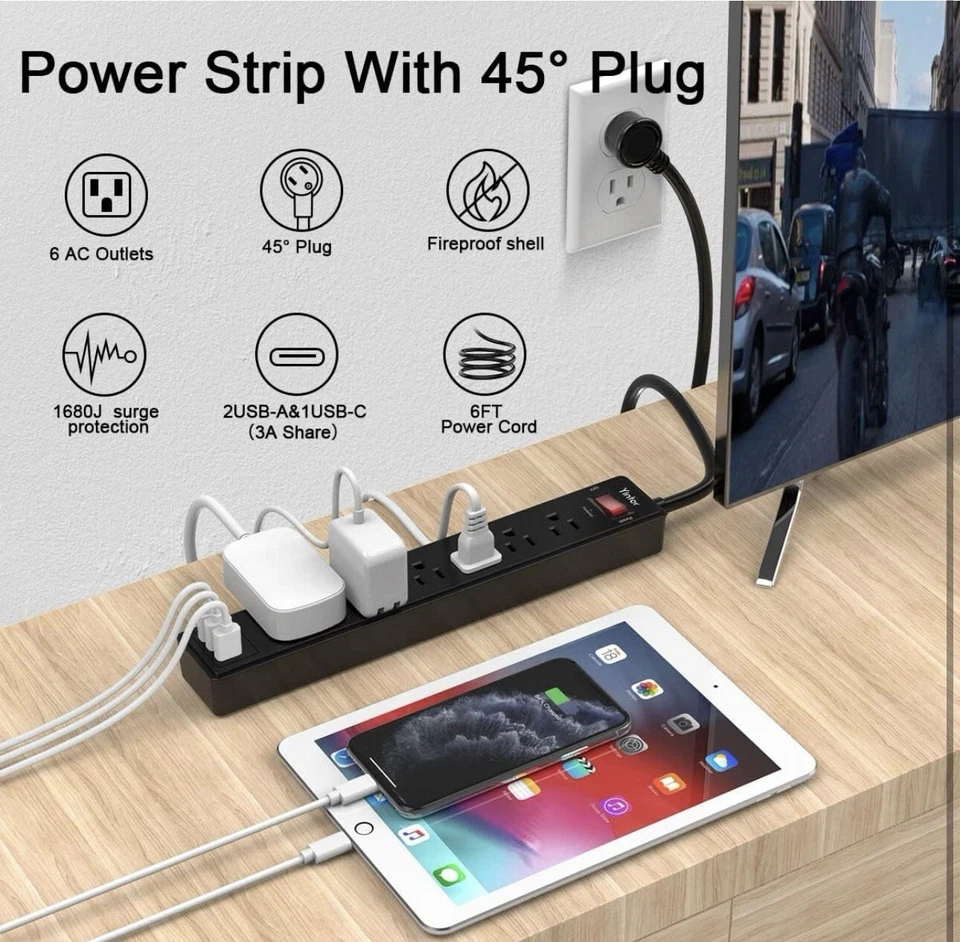 6-Outlet Surge Protector Power Strip Gray | 6ft Cord | Electrical Extension Plug - Image 4 of 4