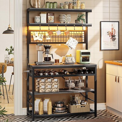 Bakers Rack with Power Outlet, LED Lights and 10 Hooks, 6-Tier Coffee Bar (Grey)