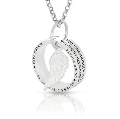 GALWANI Geschenk zur Geburt Mama Baby Silberkette Gravur Flügel Anhänger Ring Spruch