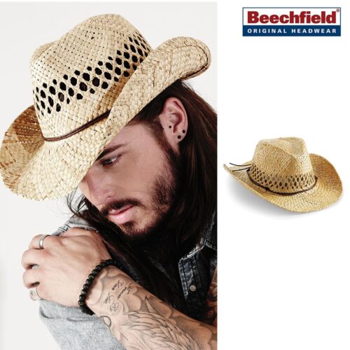 Beechfield Straw Cowboy Hat Unisex Large Handmade Summer/holiday/Casual B735 - Afbeelding 1 van 7