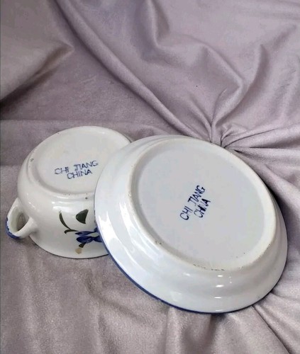 CHI JIANG Stoneware Soup Bowl With Saucer Hand Painted Floral Never Used - Picture 4 of 6