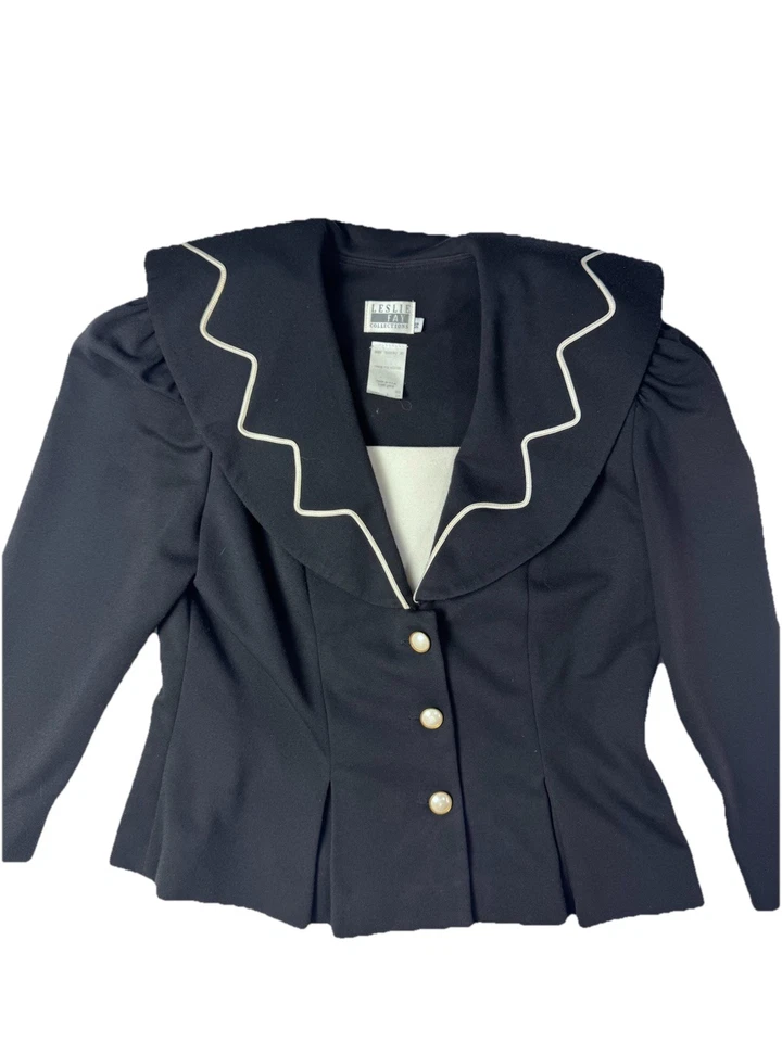 Blazer negro vintage Leslie Fay años 80 manga abullonada perla botón cuello ondulado talla 14 Foto 4 de 4