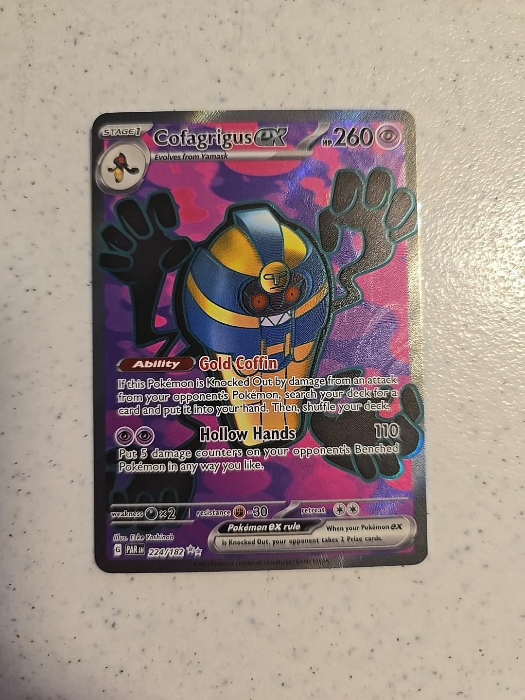 Cofagrigus ex 224/182 Sv04: Paradox Rift Holo, Ungraded, NM, Pack Fresh