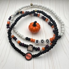 Halloween Beaded Stretch Bracelets Set Ghost BOO Charm Black Orange Purple White