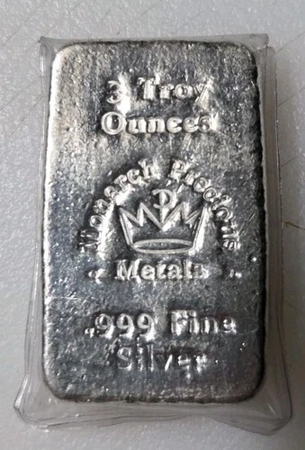 3 oz .999 Silver Bullion Bar Rare Hand Poured Monarch Precious Metals 3 Troy Oz