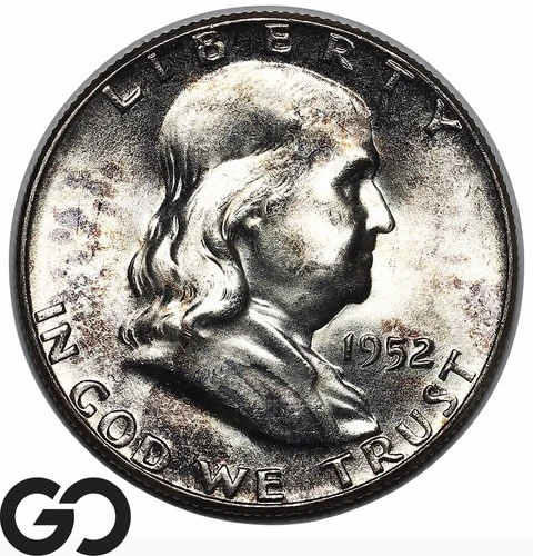 1952 Franklin Half Dollar Full Bell Lines, Lustrous Gem BU++ FBL Toner
