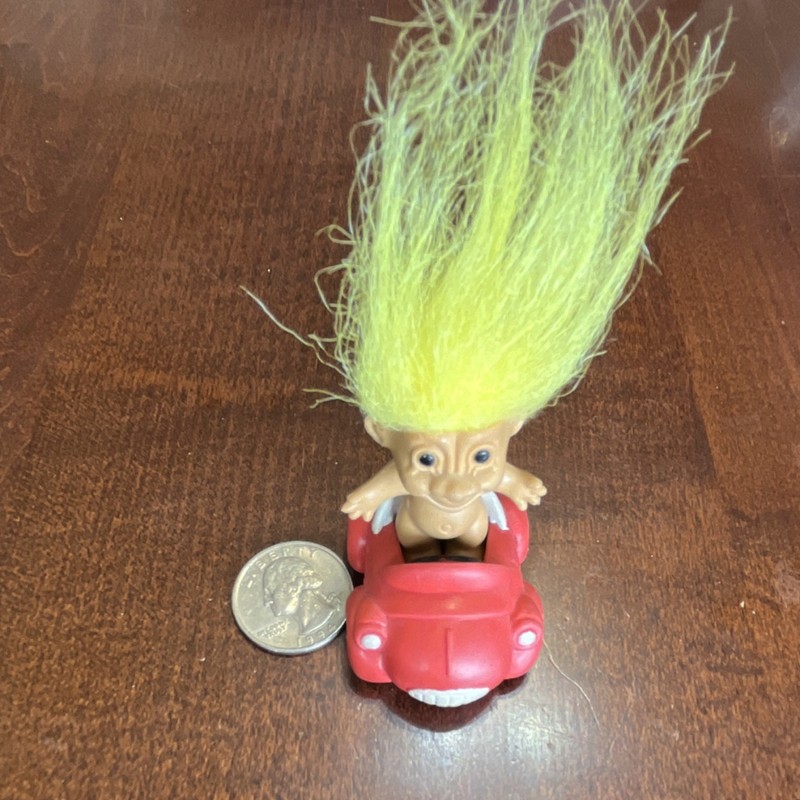 RUSS Troll Doll 2in Yellow Hair Brown Eyes with Red Car Playset Plastic Figures
