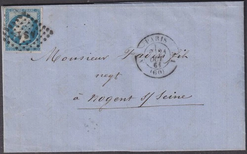 FRANCE: "AS1" on No. 14B + CàD PARIS "A1" on letter from 1861