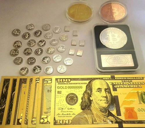 1+ Troy Ounce .999 Fine Silver - 24K Gold Bills - Bitcoins - Mixed Auction