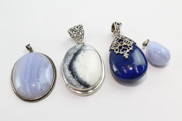14 Sterling Silver Gemstone Pendants Lace Agate Moss Agate Lapis Lazuli x 4