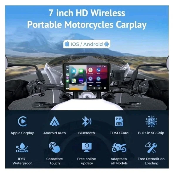 Motorcycle Player 7" CarPlay & Android Auto Waterproof Smart GPS Backup Camera - Image 2 of 4