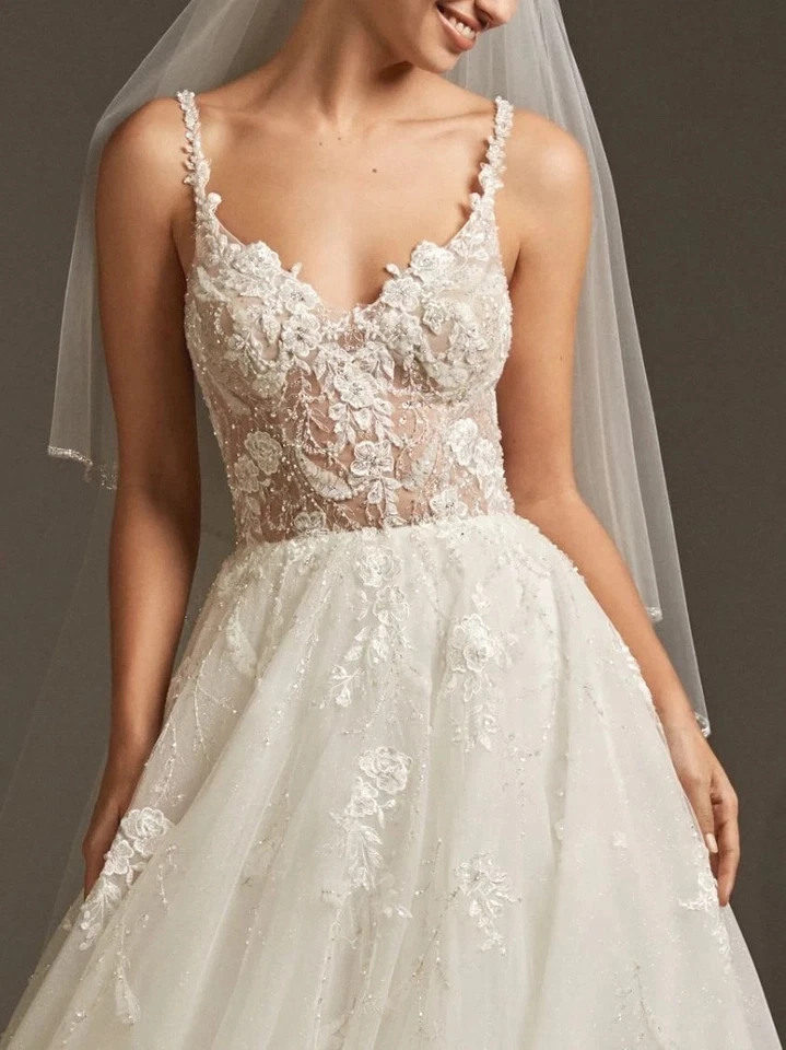 $1800 Pronovias 'Juliet' Embellished Tulle Wedding Dress Ivory Sz 12 Couture Lux - Image 2 of 4