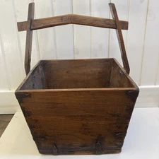 Antique Rustic Grain Basket Asian? Wooden Metal Corners Unique