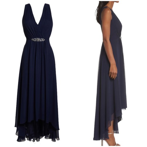 Eliza J NWT Embellished Rhinestone Beaded High Low Chiffon Dress Size 4 Navy - Picture 2 of 11