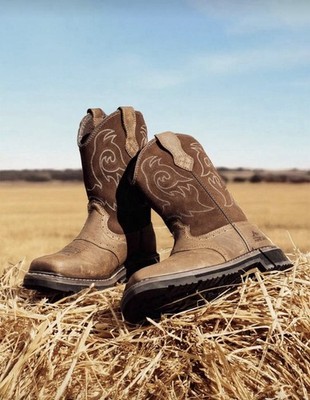 Men Steel Toe Cowboy Boots Western Square Toe Leather Work Boots Construction