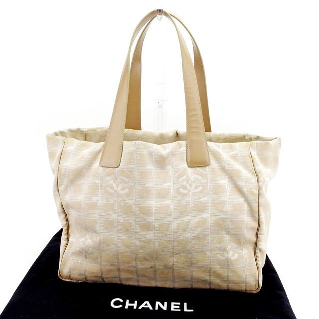 Chanel Beige Nylon Jacquard Tote with Gold Accents MM Size Pre-Owned