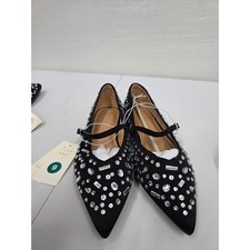 A New Day Womens Black Rhinestone Embellished Pointed Toe Mary Jane Flats Size 9