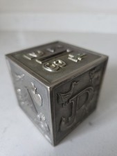 Vintage Leonard Silver Plate ABCD Piggy Bank Metal Italy 3" Cube w/ Stopper