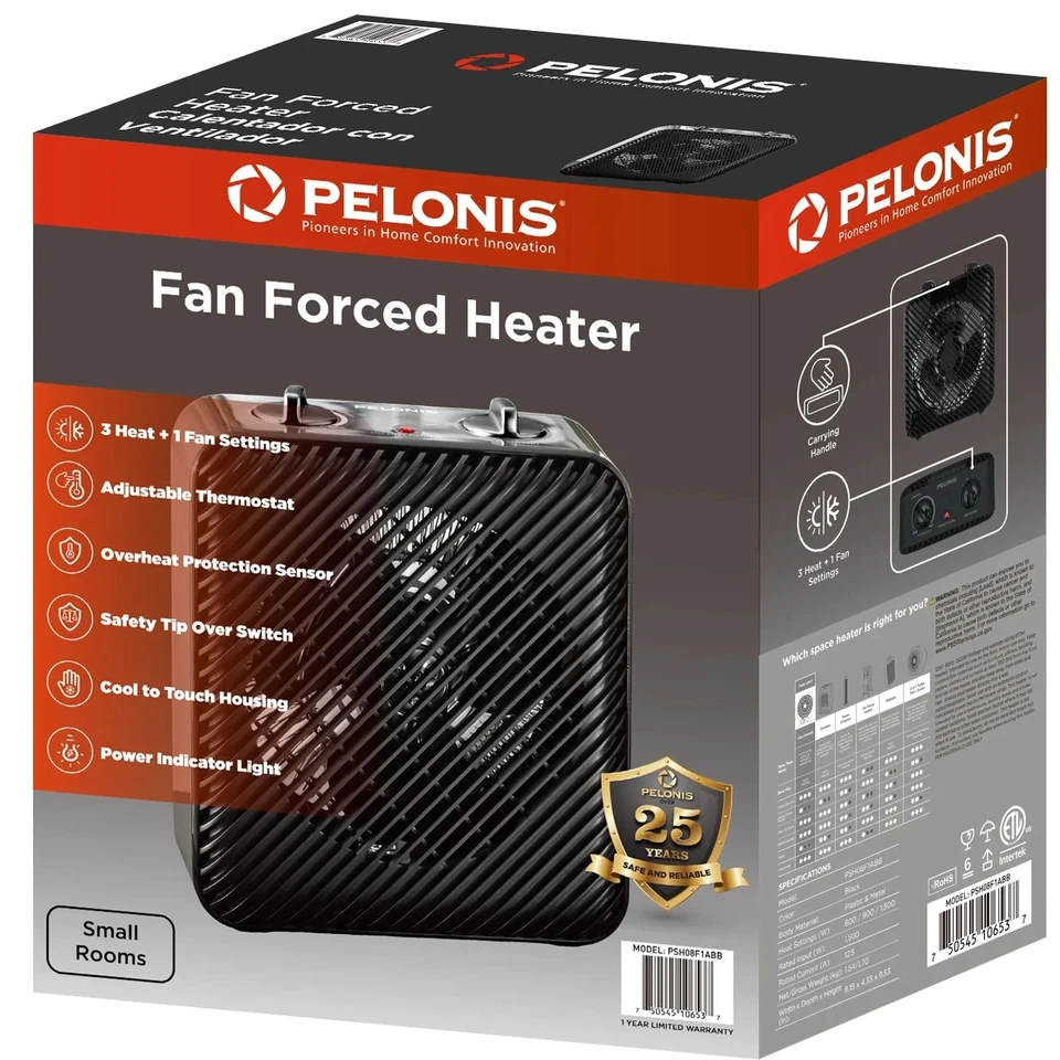 Pelonis 1500W 3 velocidades ventilador eléctrico forzado calentador de espacio negro PSH08F1ABB CAJA ABIERTA Foto 2 de 4
