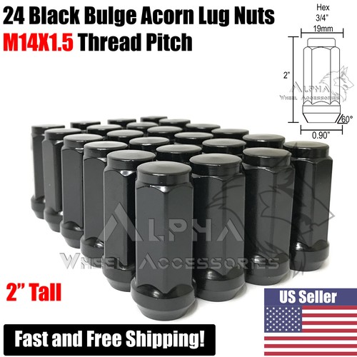 24 Black 14x1.5 Bulge Acorn Lug Nuts XL 2" For 2022 & Newer Toyota