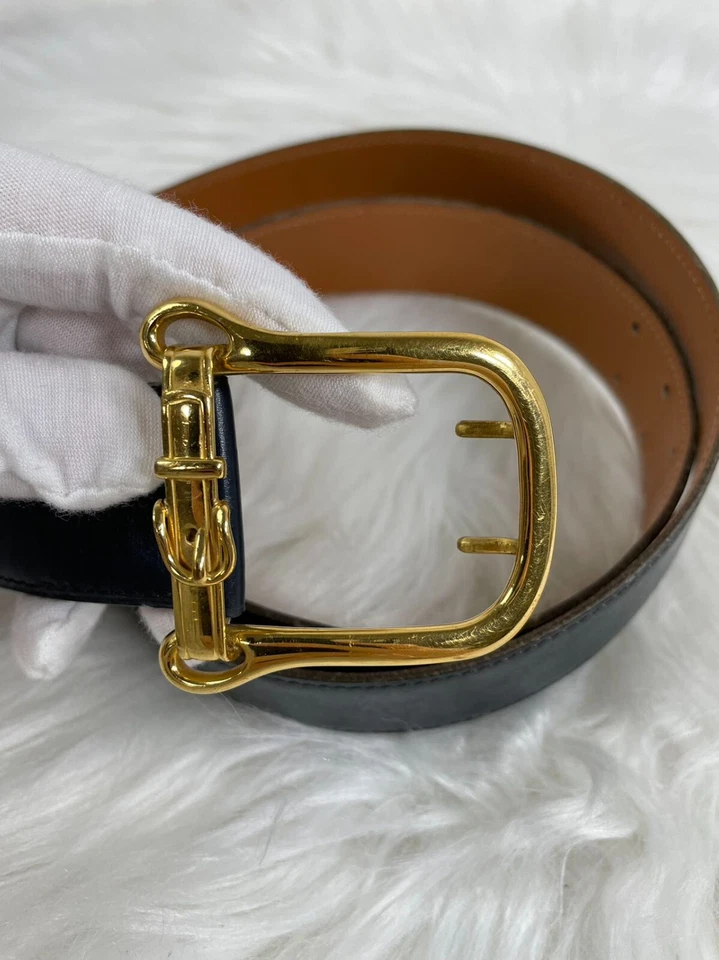 Cinto Hermes couro marrom escuro fivela dourada 90 autêntico - Imagem 3 de 4