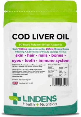 Lindens Apothecary, Cod Liver Oil 1000mg, Capsules 90 - 360 Capsules
