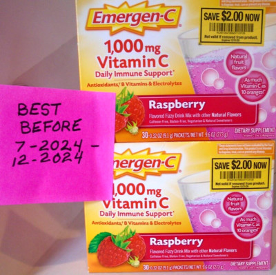 Emergen-C Immune Support 30 Packets Fizzy RASPBERRY 1000mg Vitamin C 2-BOXES