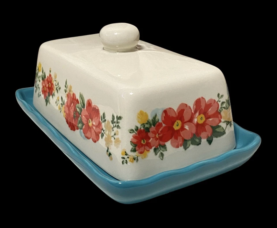 Pioneer Women Stoneware Floral Flowers Lidded Butter Dish Ruffled Tray - Image 4 of 4
