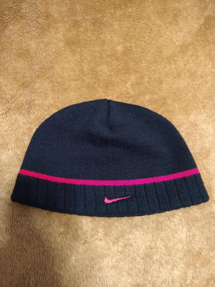 Vintage NIKE Beanie Hat Cap Black Red Swoosh One Size Made in the USA