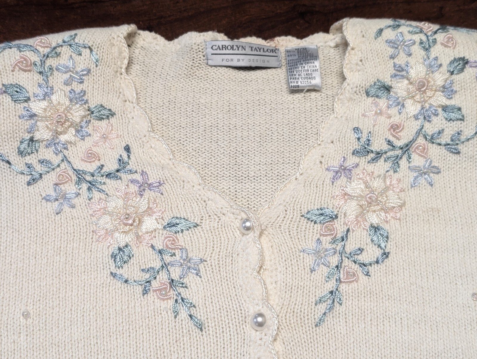 VTG 90s Carolyn Taylor Floral Embroidered Crochet Lace Trim Cardigan Sweater Med image 3